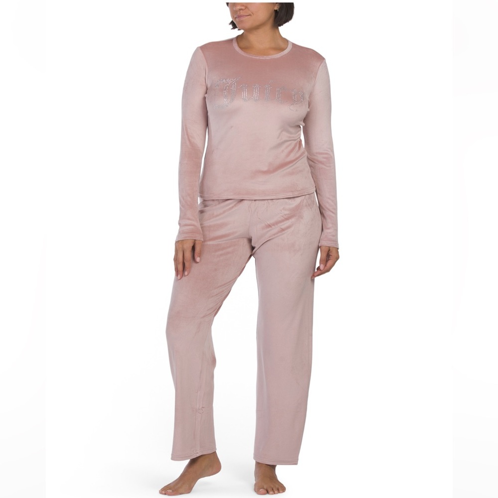 NWT JUICY COUTURE Coco Kiss 2pc Velvet Lounge Top&Pants Set With Rhinestone Logo